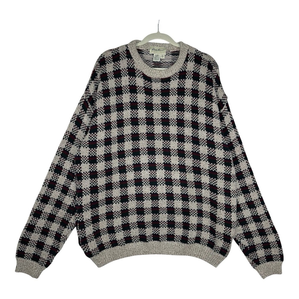Vtg Eddie Bauer Sweater Mens XL Plaid Check Knit Cotton Grandpa Gorpcore 90s USA - Picture 1 of 8